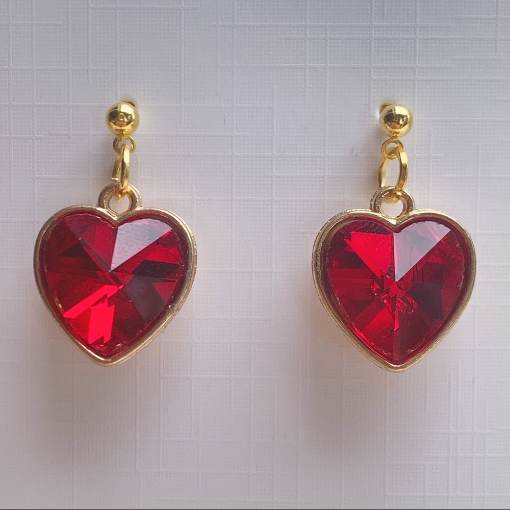 Ruby Red Rhinestone Heart Charms Earrings